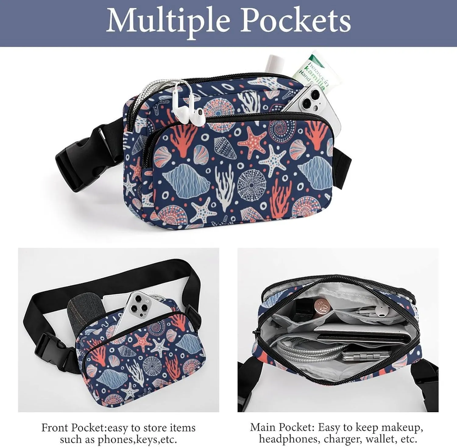 Fanny Pack for Women Men Undersea World Belt Bag Starfish Shell Coral Waist Pack Bum Bag for Running Cycling Hiking Travel Workout with Adjustable Strap
