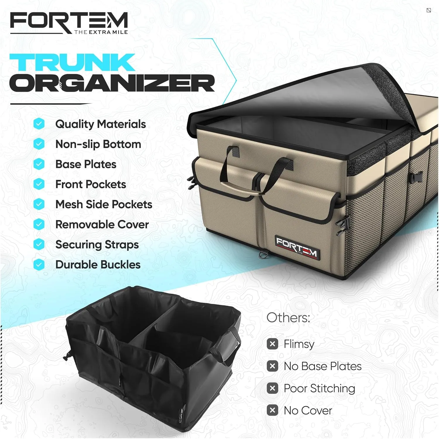 FORTEM Car Trunk Organizer, Collapsible Multi Compartment SUV Organizer, Foldable Storage for Car Accessories for Women Men, 600D Oxford, Non Slip Bottom, Securing Straps, Soft Cover (65L)