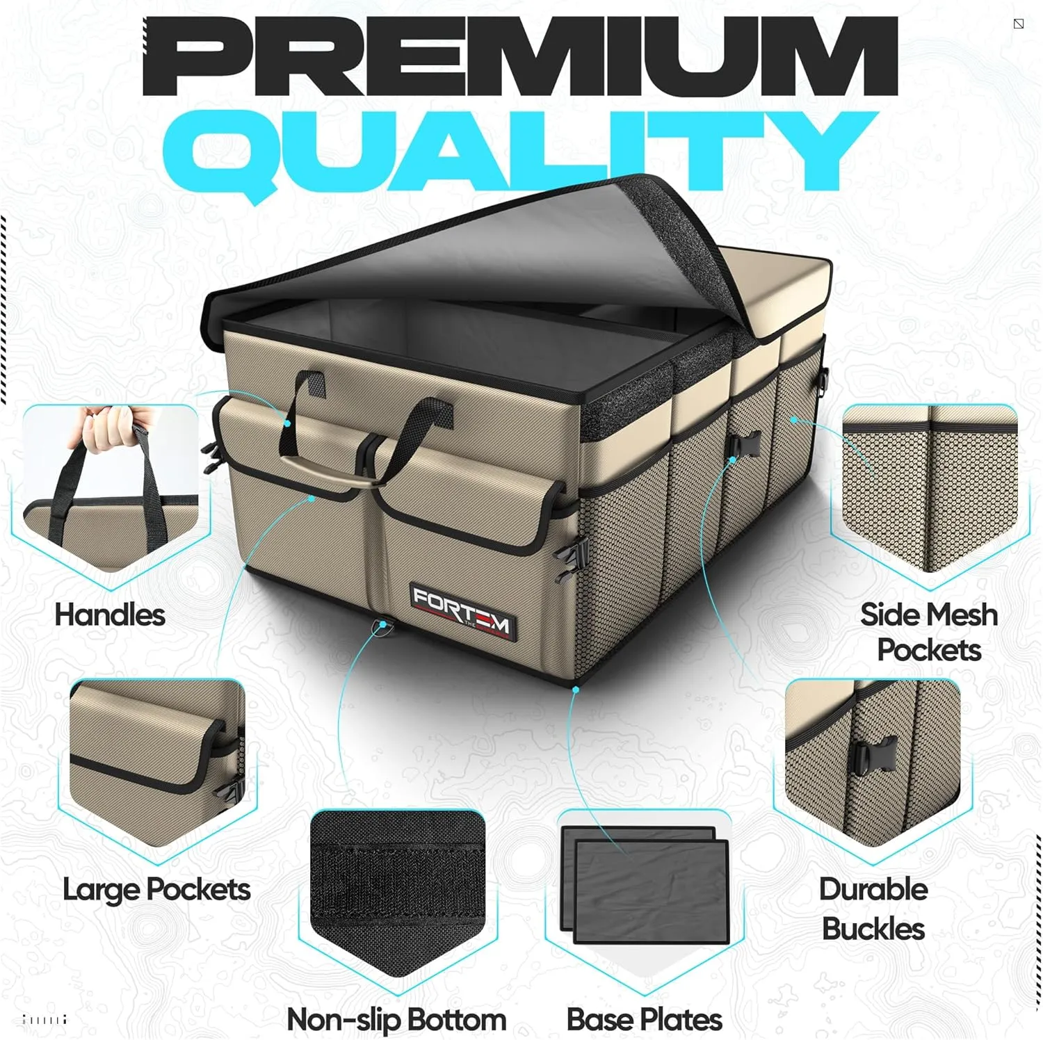 FORTEM Car Trunk Organizer, Collapsible Multi Compartment SUV Organizer, Foldable Storage for Car Accessories for Women Men, 600D Oxford, Non Slip Bottom, Securing Straps, Soft Cover (65L)