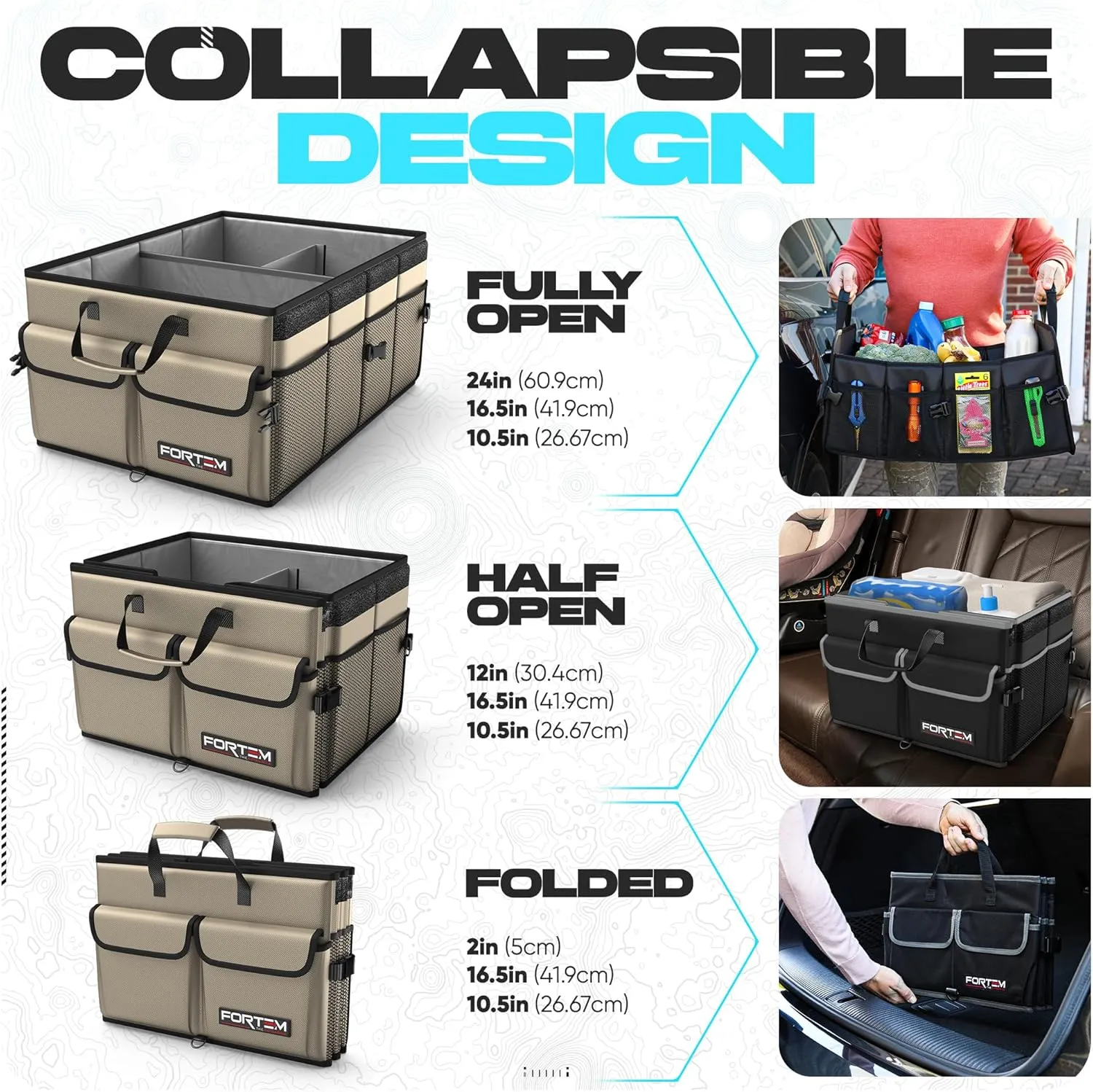 FORTEM Car Trunk Organizer, Collapsible Multi Compartment SUV Organizer, Foldable Storage for Car Accessories for Women Men, 600D Oxford, Non Slip Bottom, Securing Straps, Soft Cover (65L)