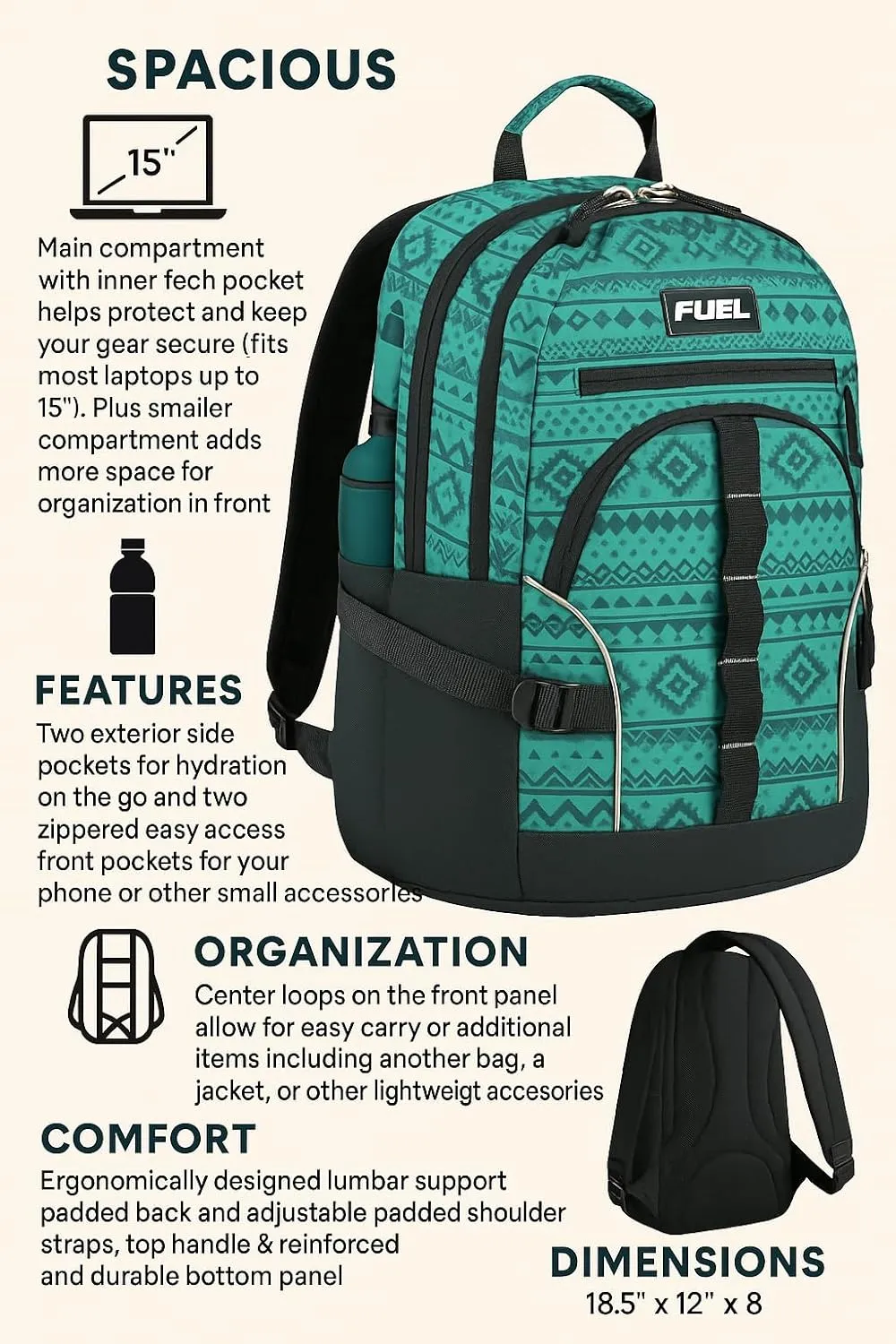 FUEL Hiking Laptop Backpack, College Bookbag, Travel Daypack with 5 Compartments, Dynamo Tech Pocket, 18.5 Inches