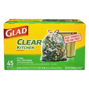 Glad Recycling Tall Kitchen Drawstring Trash Bags, 13 Gal, 0.9 Mil, 24" X 27.38", Clear, 45/Box - CLO78543