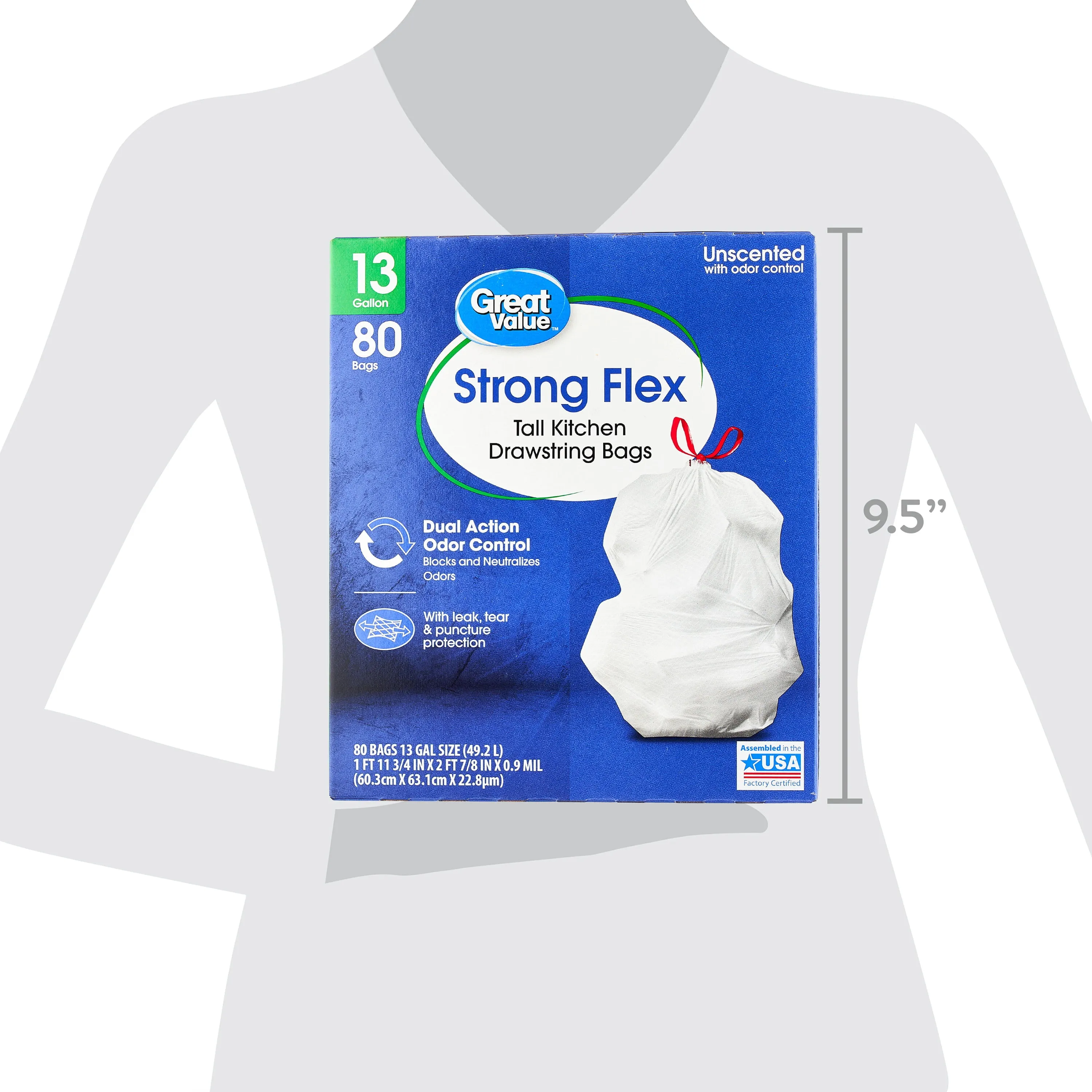 Great Value Strong Flex Tall Kitchen Drawstring Bags, Unscented, 13 Gallon, 80 Count