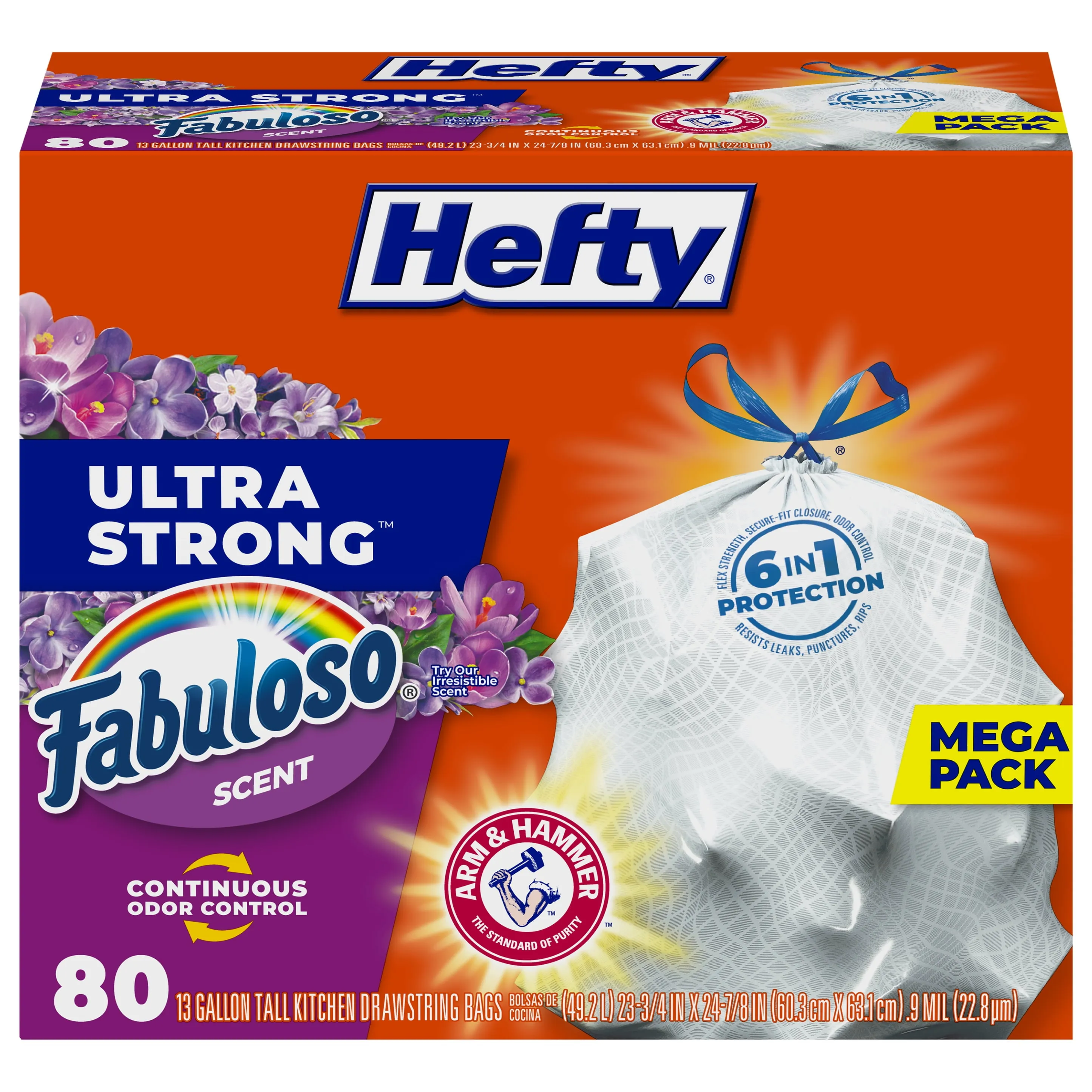 Hefty Ultra Strong Tall Kitchen Trash Bags, NEW! Fabuloso Scent, 13 Gallon, 80 Count