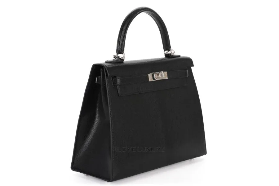Hermès Kelly 25 Black Chèvre Chamkila Palladium Hardware