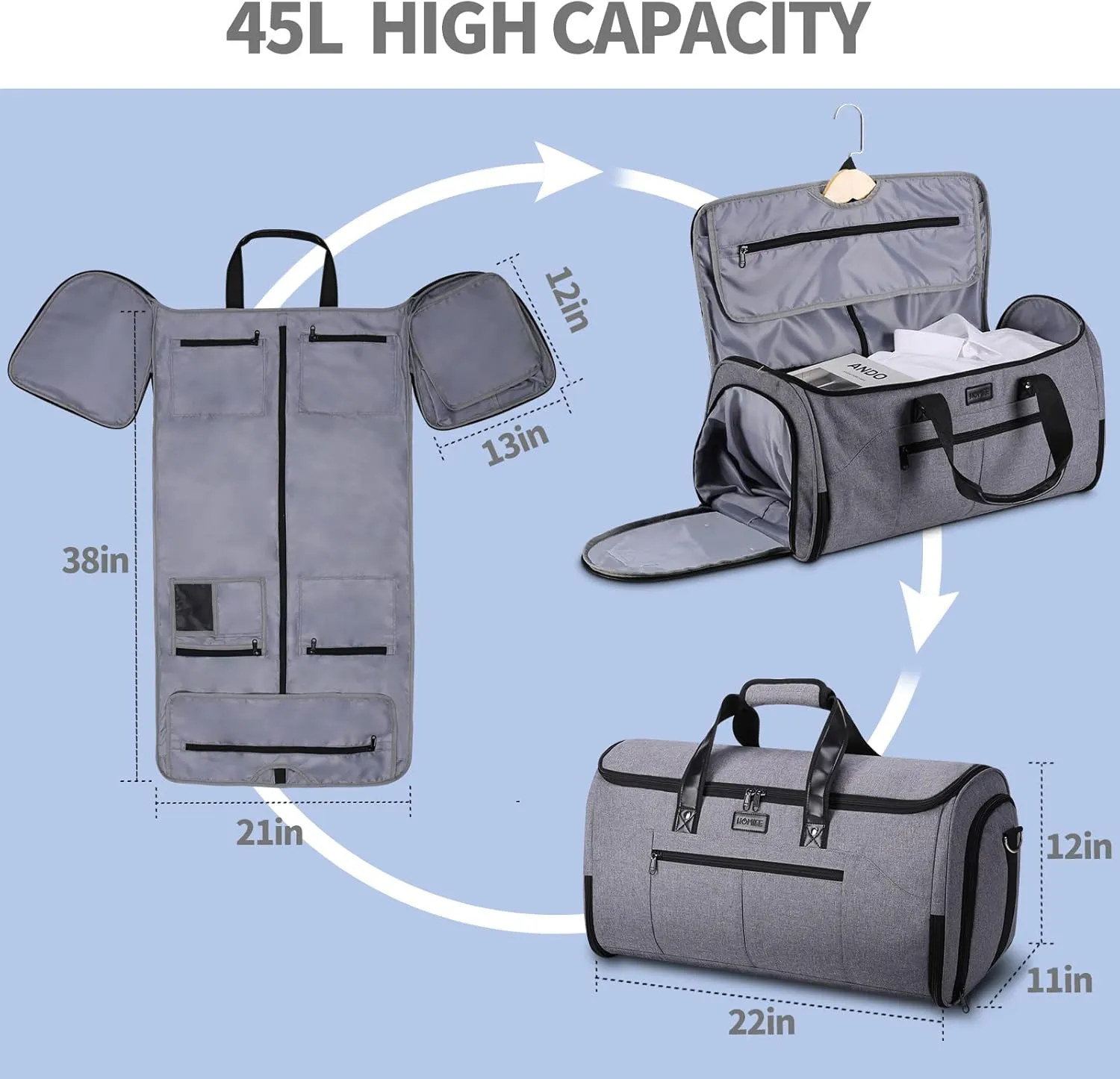 HOMIEE Convertible Garment Bags for Women, Carry on Travel Duffel Bag with Toiletry Bag, Waterproof Large Weekender Bag 2 in 1 Hanging Dress Suit Suitcase