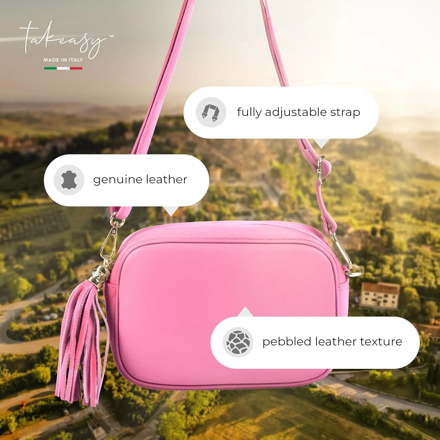 Italian Calf Leather Crossbody Bag for Women with Tassel Zipper | Small Camera Purse Shoulder Handbag Pocketbook