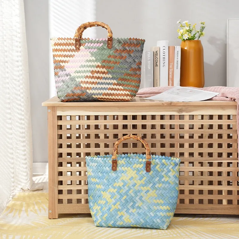 Julia Plaid Woven Straw Totes - 2 Colors