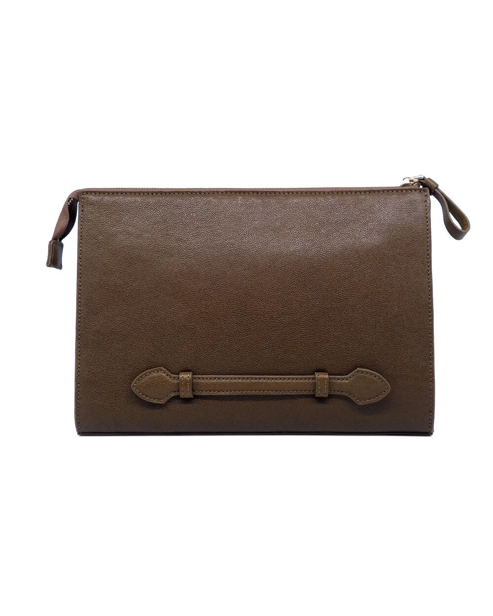 Khaki Full-Grain Tumbled Leather Zip Clutch