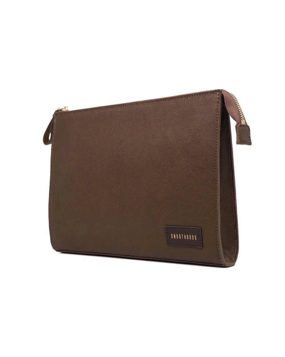 Khaki Full-Grain Tumbled Leather Zip Clutch