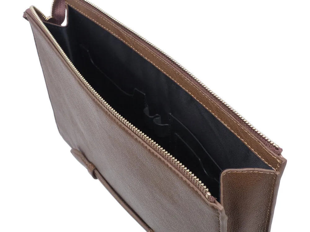 Khaki Full-Grain Tumbled Leather Zip Clutch