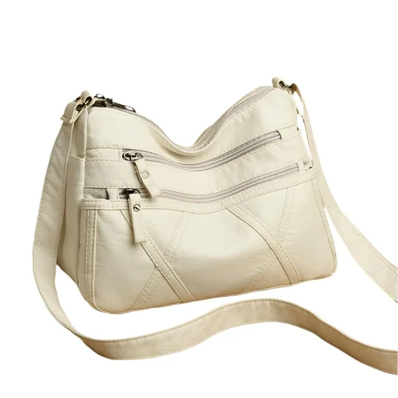 Large-Capacity  Women Solid Color Multi-Pocket Tote Messenger Leather Hand Bag
