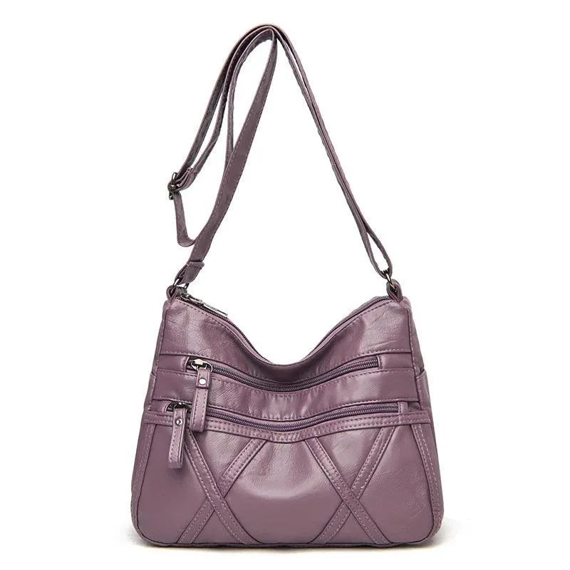 Large-Capacity  Women Solid Color Multi-Pocket Tote Messenger Leather Hand Bag