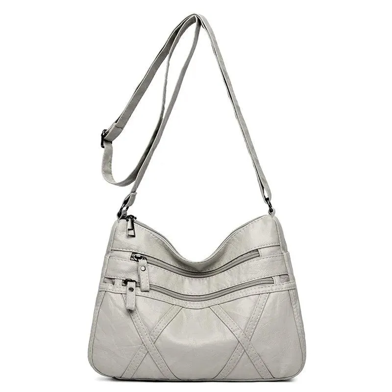 Large-Capacity  Women Solid Color Multi-Pocket Tote Messenger Leather Hand Bag