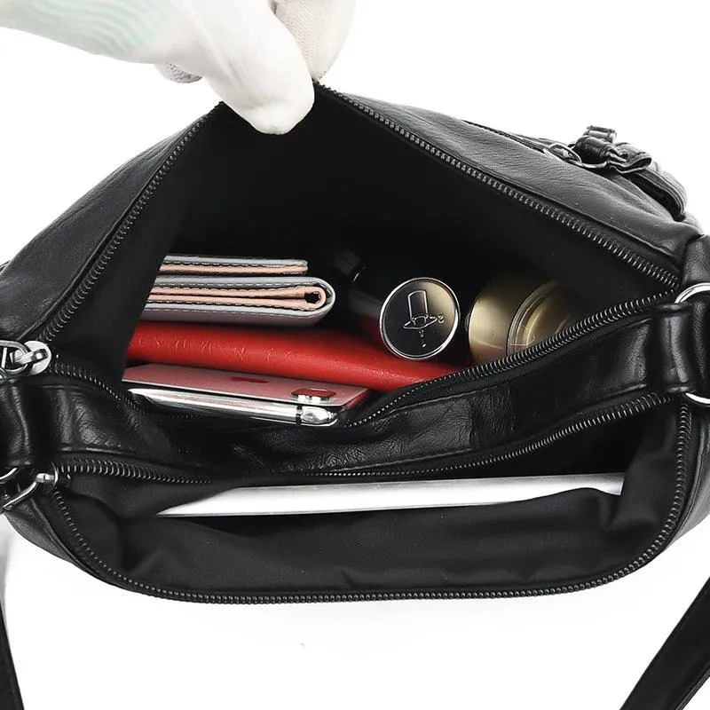 Large-Capacity  Women Solid Color Multi-Pocket Tote Messenger Leather Hand Bag