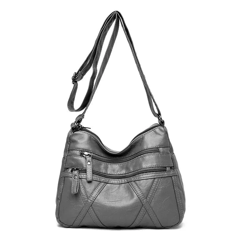 Large-Capacity  Women Solid Color Multi-Pocket Tote Messenger Leather Hand Bag
