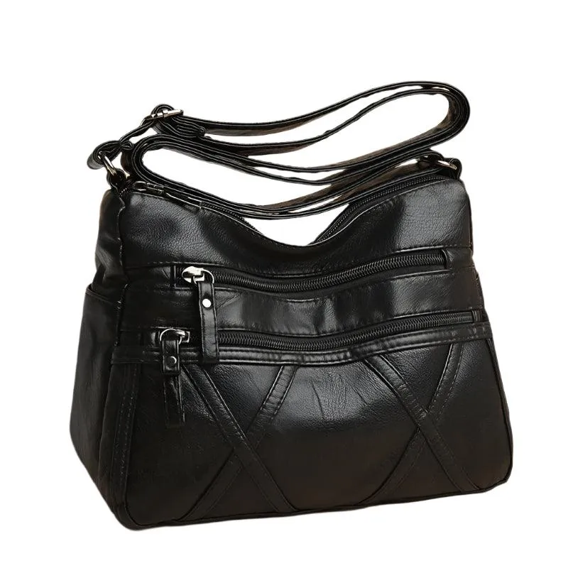 Large-Capacity  Women Solid Color Multi-Pocket Tote Messenger Leather Hand Bag
