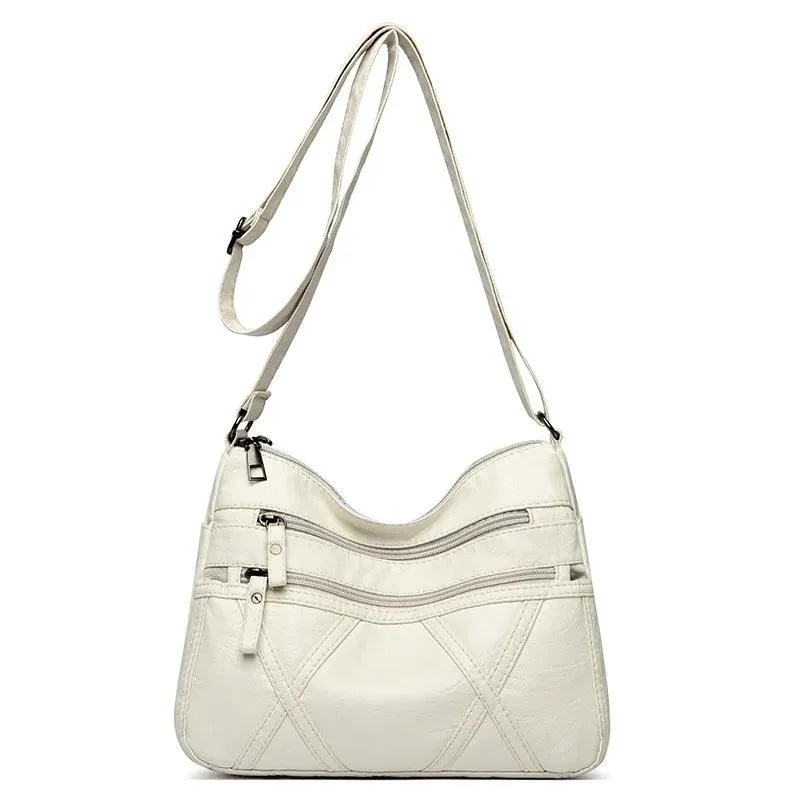 Large-Capacity  Women Solid Color Multi-Pocket Tote Messenger Leather Hand Bag