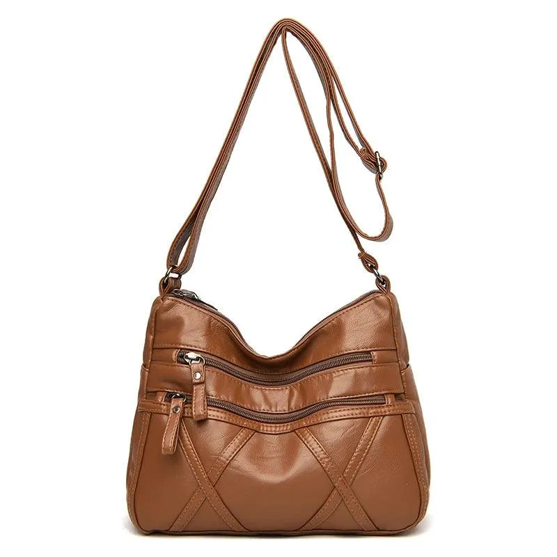 Large-Capacity  Women Solid Color Multi-Pocket Tote Messenger Leather Hand Bag