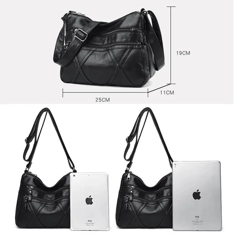 Large-Capacity  Women Solid Color Multi-Pocket Tote Messenger Leather Hand Bag