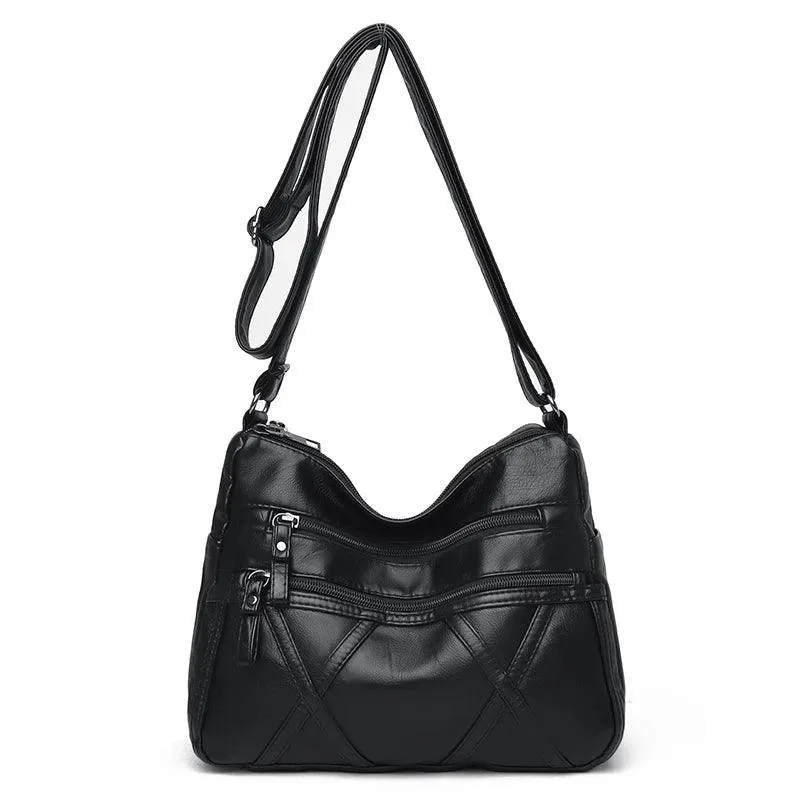 Large-Capacity  Women Solid Color Multi-Pocket Tote Messenger Leather Hand Bag