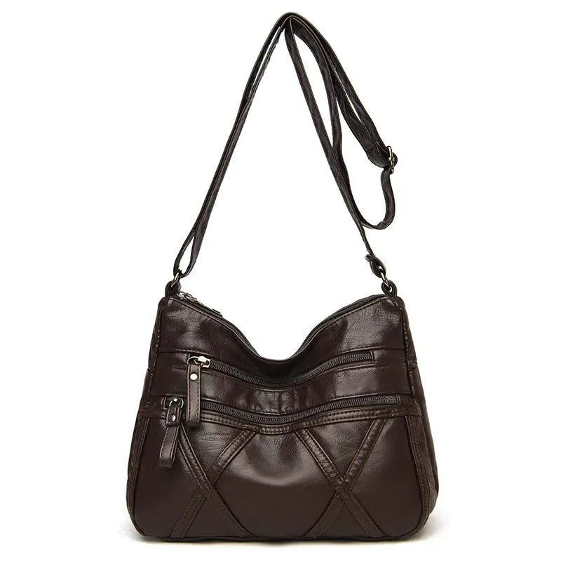 Large-Capacity  Women Solid Color Multi-Pocket Tote Messenger Leather Hand Bag