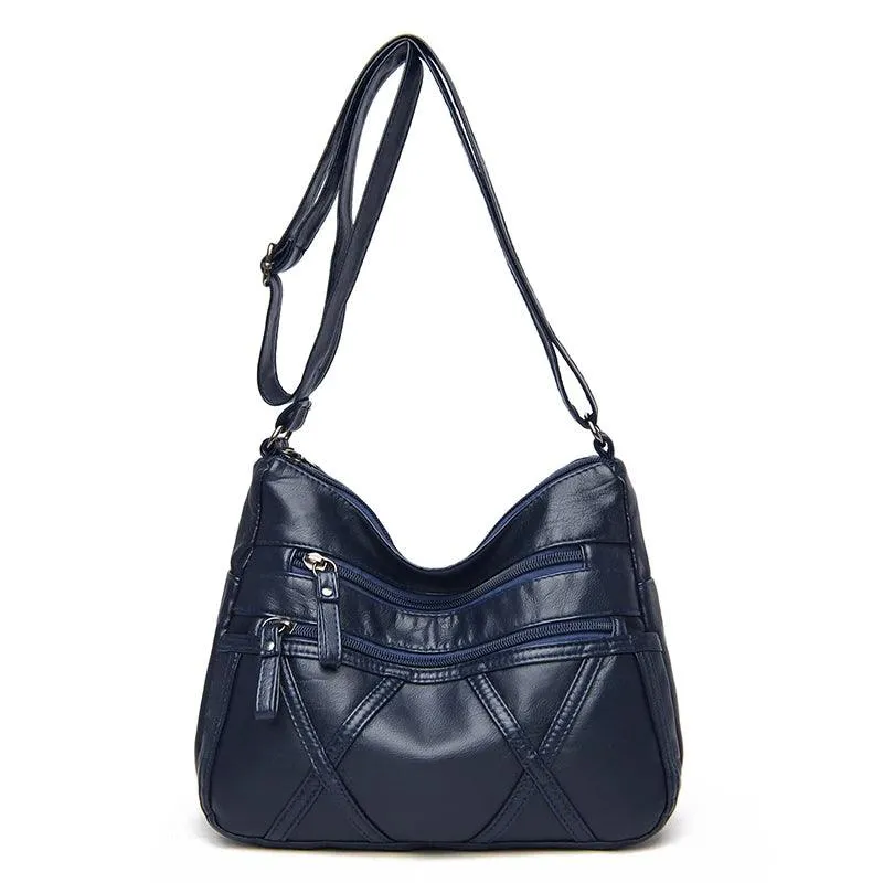Large-Capacity  Women Solid Color Multi-Pocket Tote Messenger Leather Hand Bag