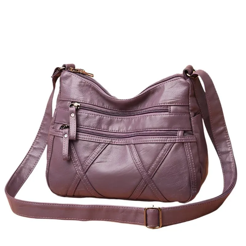 Large-Capacity  Women Solid Color Multi-Pocket Tote Messenger Leather Hand Bag