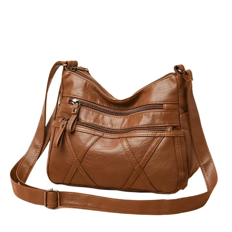 Large-Capacity  Women Solid Color Multi-Pocket Tote Messenger Leather Hand Bag