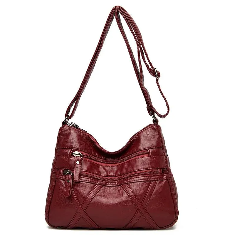 Large-Capacity  Women Solid Color Multi-Pocket Tote Messenger Leather Hand Bag