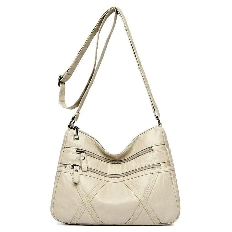 Large-Capacity  Women Solid Color Multi-Pocket Tote Messenger Leather Hand Bag