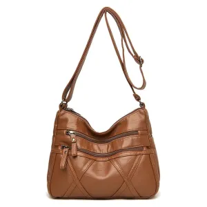 Large-Capacity  Women Solid Color Multi-Pocket Tote Messenger Leather Hand Bag