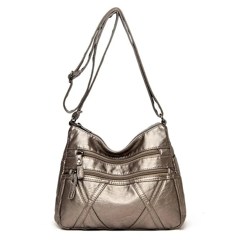 Large-Capacity  Women Solid Color Multi-Pocket Tote Messenger Leather Hand Bag