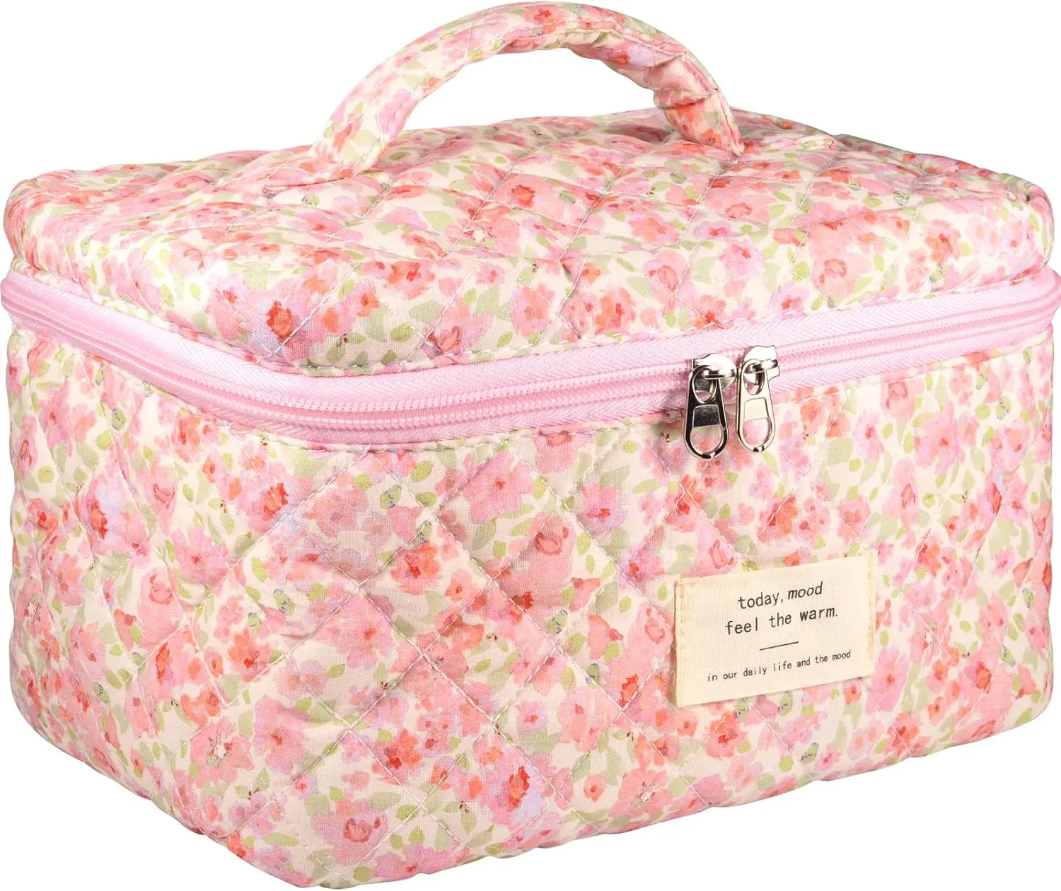 Large Makeup Bag, Quilted Cosmetic Bag, Floral Coquette Aesthetic Toiletry Bag, Flower Travel Make Up Organizer Bag for Women Girls
