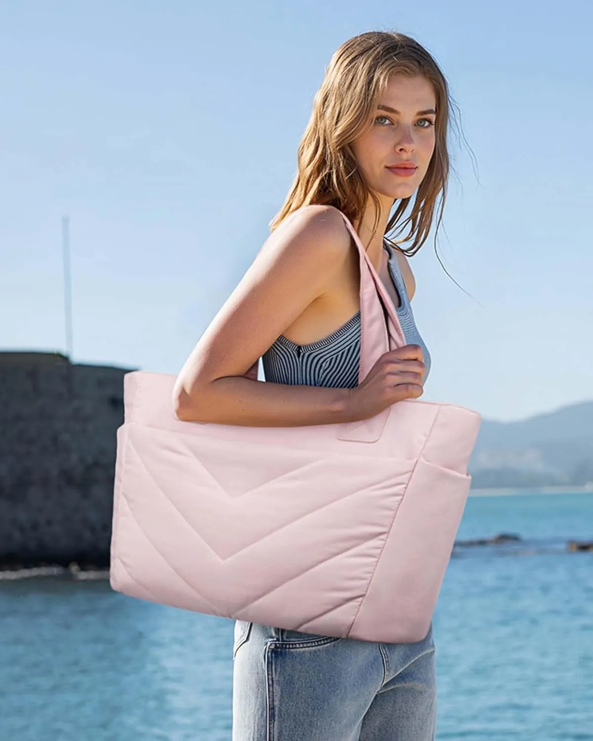LOVEVOOK Tote Travel Bag for Women, Puffer Work Handbag with Zipper for Teacher Nurse, Quilted Laptop Shoulder Gym Bag Cute