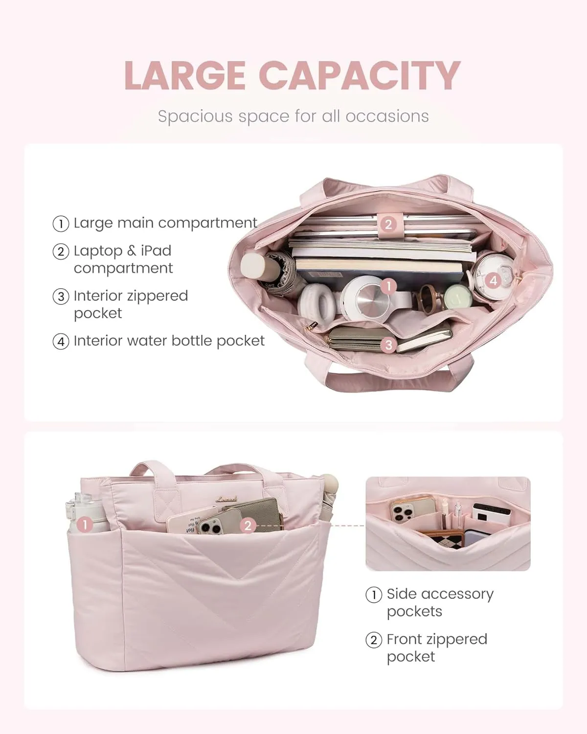 LOVEVOOK Tote Travel Bag for Women, Puffer Work Handbag with Zipper for Teacher Nurse, Quilted Laptop Shoulder Gym Bag Cute