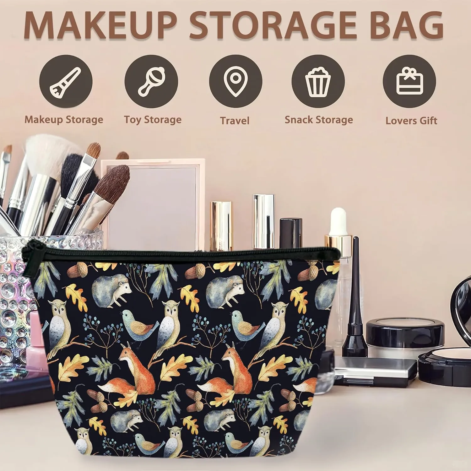 Makeup Bag Animal Cosmetic Bags for Women Mini Portable Owl Bird Fox Hedgehog Leaves Travel Toiletry Bag Organizer Make up Brushes Aesthetic Accessories Waterproof Storage Bags