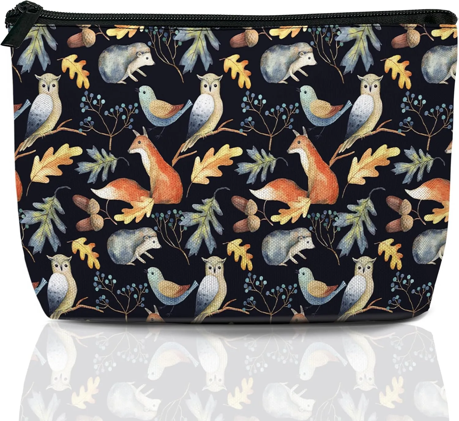 Makeup Bag Animal Cosmetic Bags for Women Mini Portable Owl Bird Fox Hedgehog Leaves Travel Toiletry Bag Organizer Make up Brushes Aesthetic Accessories Waterproof Storage Bags