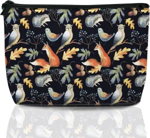 Makeup Bag Animal Cosmetic Bags for Women Mini Portable Owl Bird Fox Hedgehog Leaves Travel Toiletry Bag Organizer Make up Brushes Aesthetic Accessories Waterproof Storage Bags