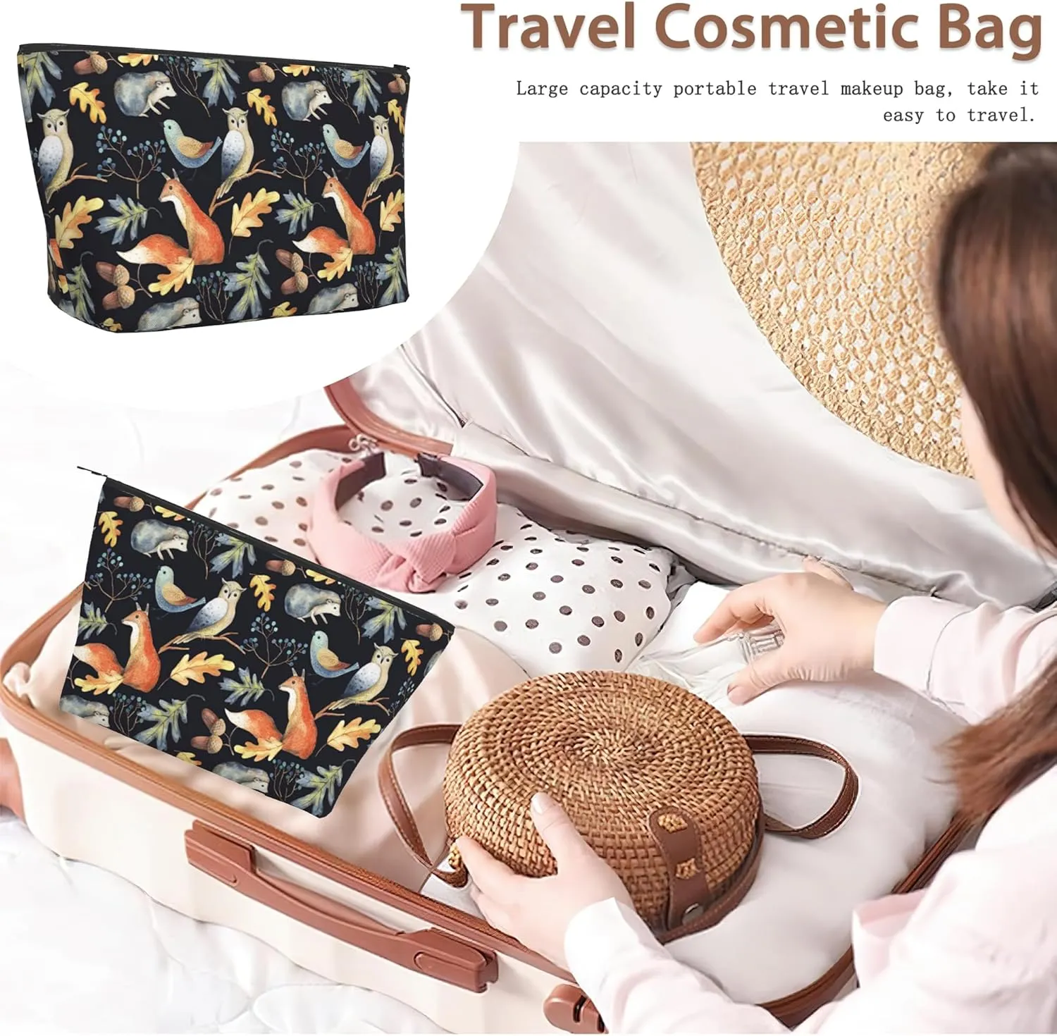 Makeup Bag Animal Cosmetic Bags for Women Mini Portable Owl Bird Fox Hedgehog Leaves Travel Toiletry Bag Organizer Make up Brushes Aesthetic Accessories Waterproof Storage Bags