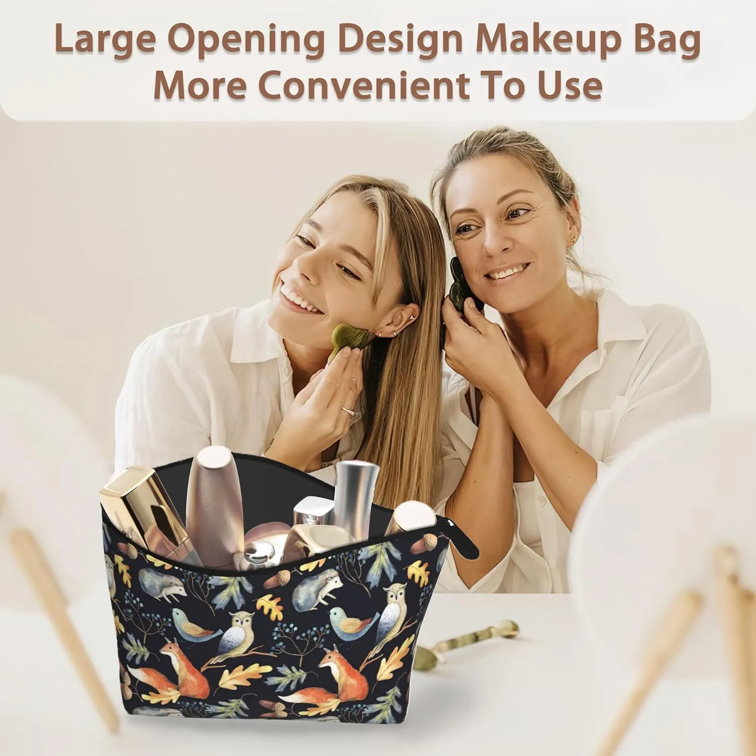 Makeup Bag Animal Cosmetic Bags for Women Mini Portable Owl Bird Fox Hedgehog Leaves Travel Toiletry Bag Organizer Make up Brushes Aesthetic Accessories Waterproof Storage Bags
