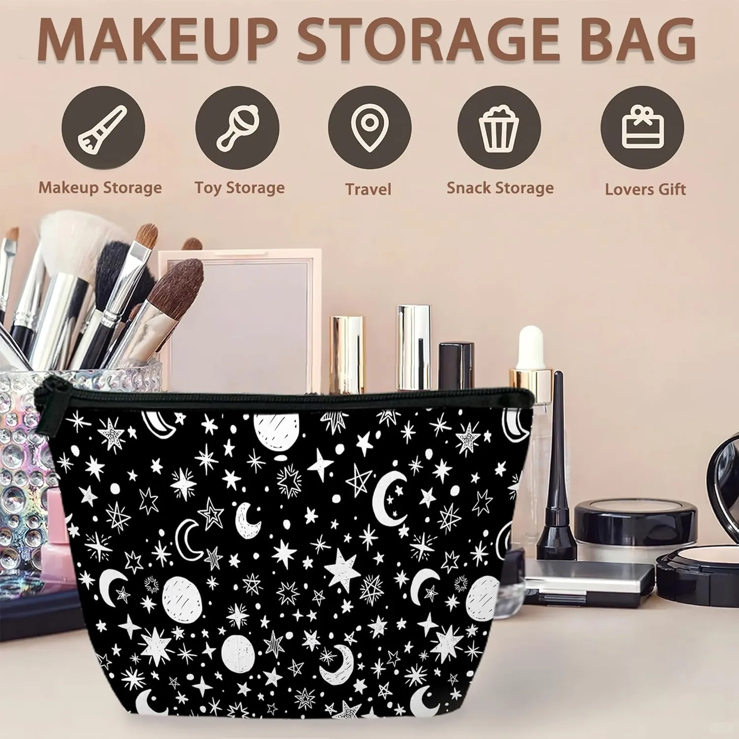 Makeup Bag Black White Sun Moon Stars Cosmetic Bags for Women Mini Portable Boho Celestial Travel Toiletry Bag Organizer Make up Brushes Aesthetic Accessories Waterproof Storage Bags