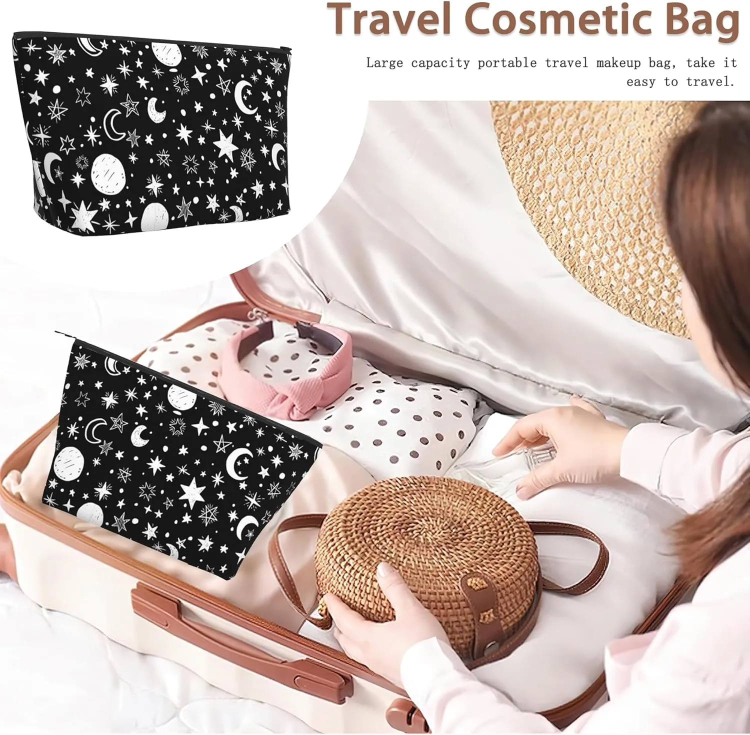 Makeup Bag Black White Sun Moon Stars Cosmetic Bags for Women Mini Portable Boho Celestial Travel Toiletry Bag Organizer Make up Brushes Aesthetic Accessories Waterproof Storage Bags