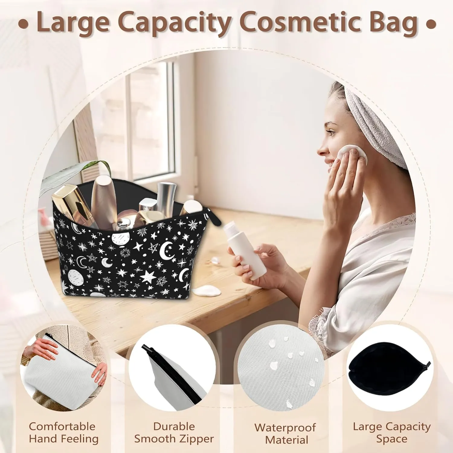 Makeup Bag Black White Sun Moon Stars Cosmetic Bags for Women Mini Portable Boho Celestial Travel Toiletry Bag Organizer Make up Brushes Aesthetic Accessories Waterproof Storage Bags