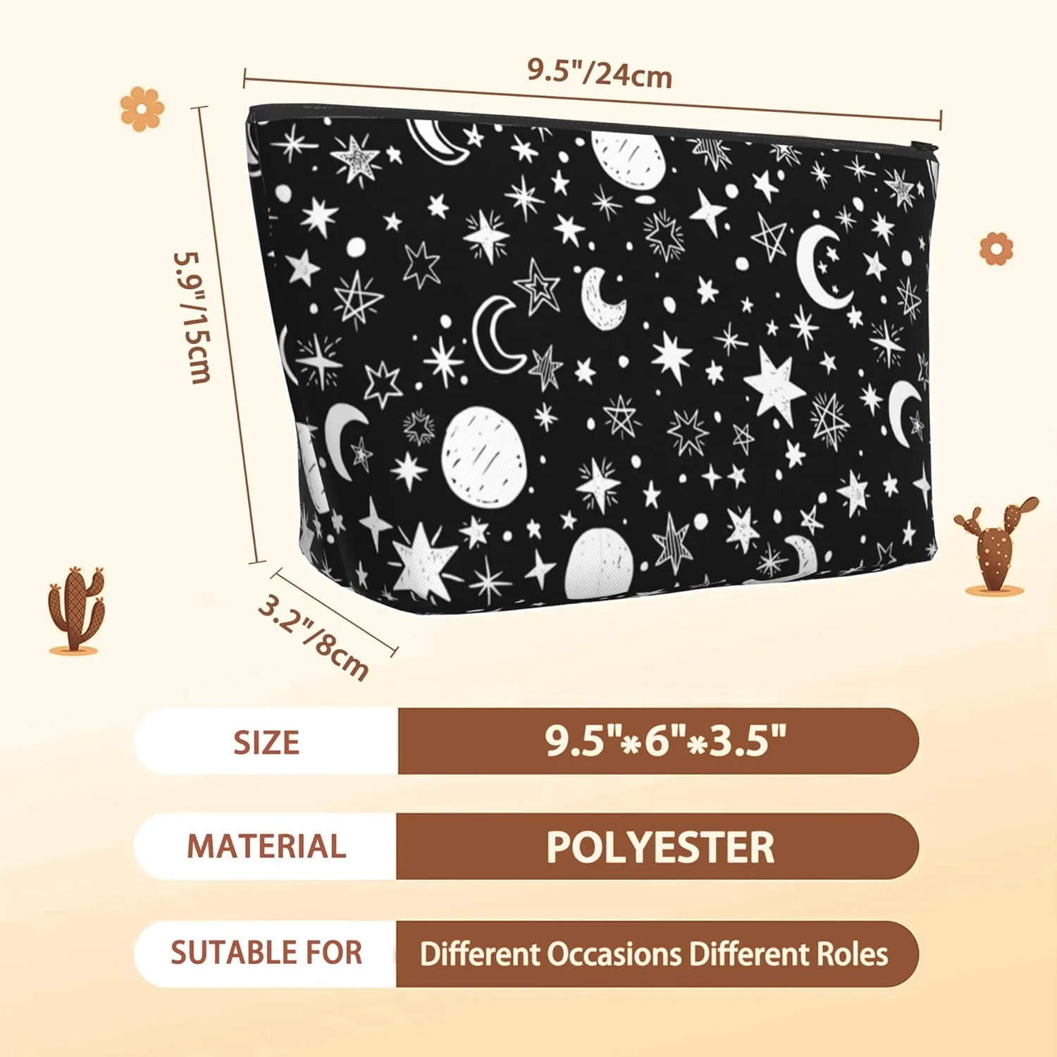 Makeup Bag Black White Sun Moon Stars Cosmetic Bags for Women Mini Portable Boho Celestial Travel Toiletry Bag Organizer Make up Brushes Aesthetic Accessories Waterproof Storage Bags