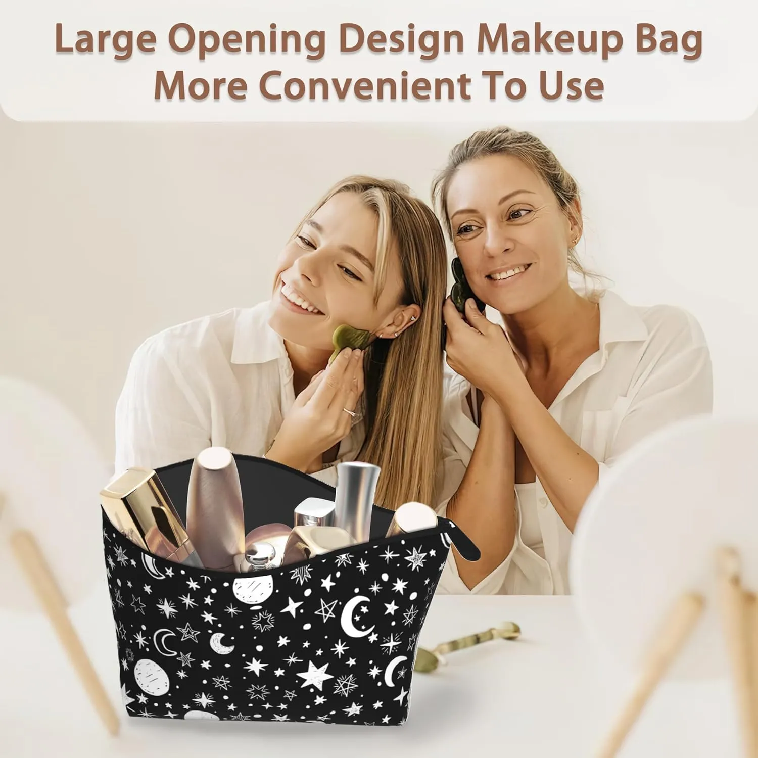 Makeup Bag Black White Sun Moon Stars Cosmetic Bags for Women Mini Portable Boho Celestial Travel Toiletry Bag Organizer Make up Brushes Aesthetic Accessories Waterproof Storage Bags