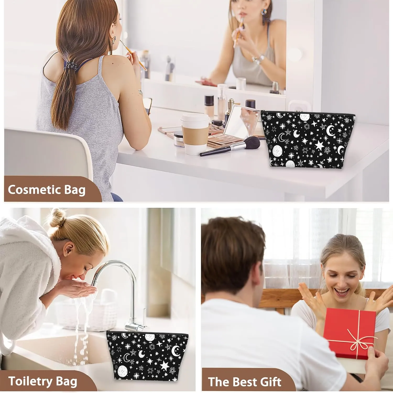 Makeup Bag Black White Sun Moon Stars Cosmetic Bags for Women Mini Portable Boho Celestial Travel Toiletry Bag Organizer Make up Brushes Aesthetic Accessories Waterproof Storage Bags