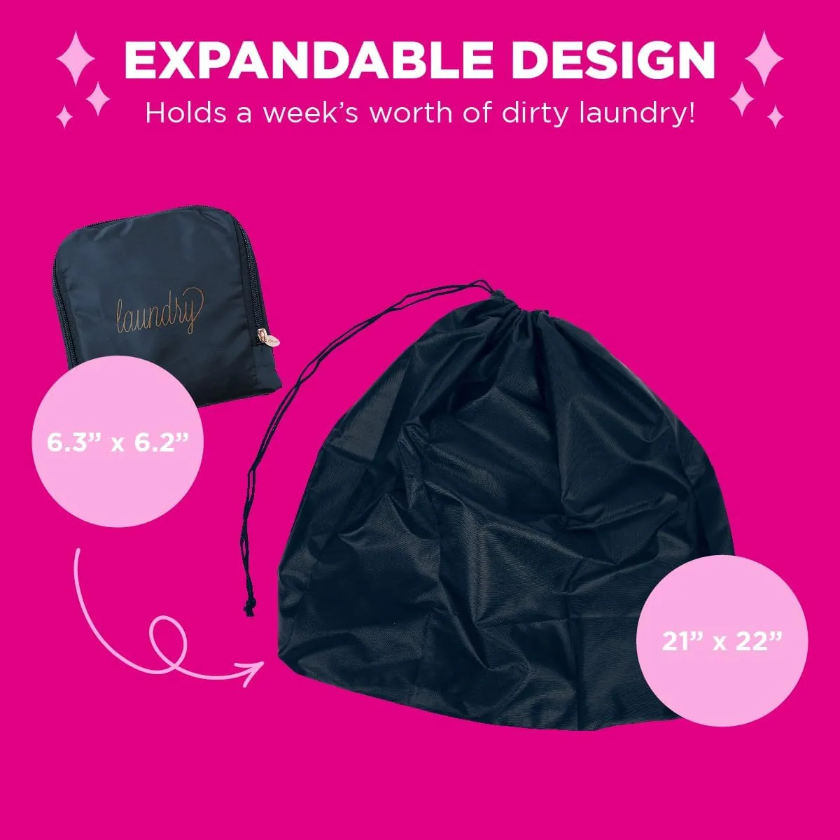 Miamica Foldable Travel Laundry Bag, Navy Blue & Gold  Measures 21 x 22 When Fully Opened  Foldable Laundry Bag with Drawstring Closure  Durable, Lightweight Travel Accessories