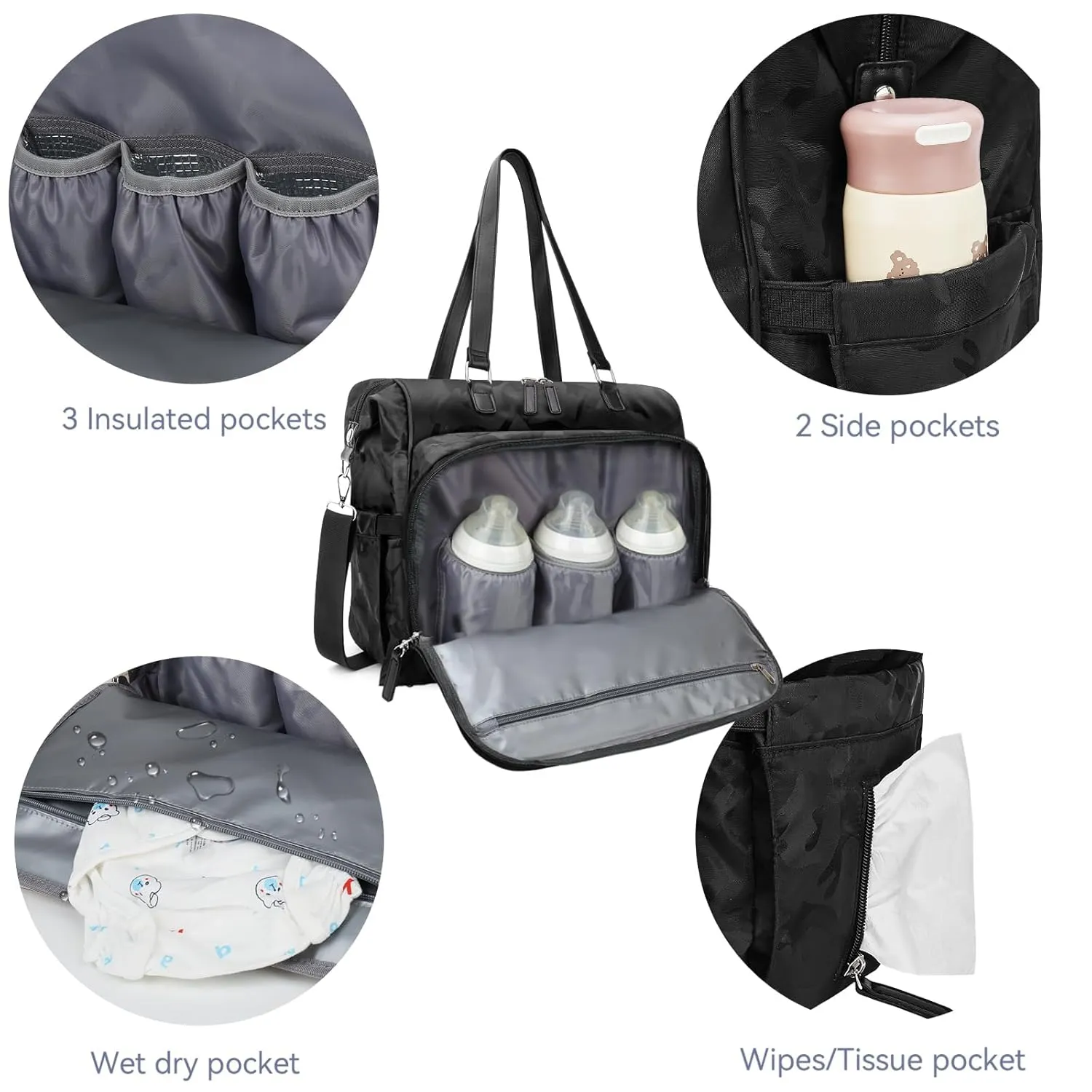 Moms Diaper Bag 4 in 1 Diaper Baby Tote, Hospital Bag for Labor & Delivery, Large Waterproof Baby Travel Weekender with 3 Insulated Pockets, Camo Black