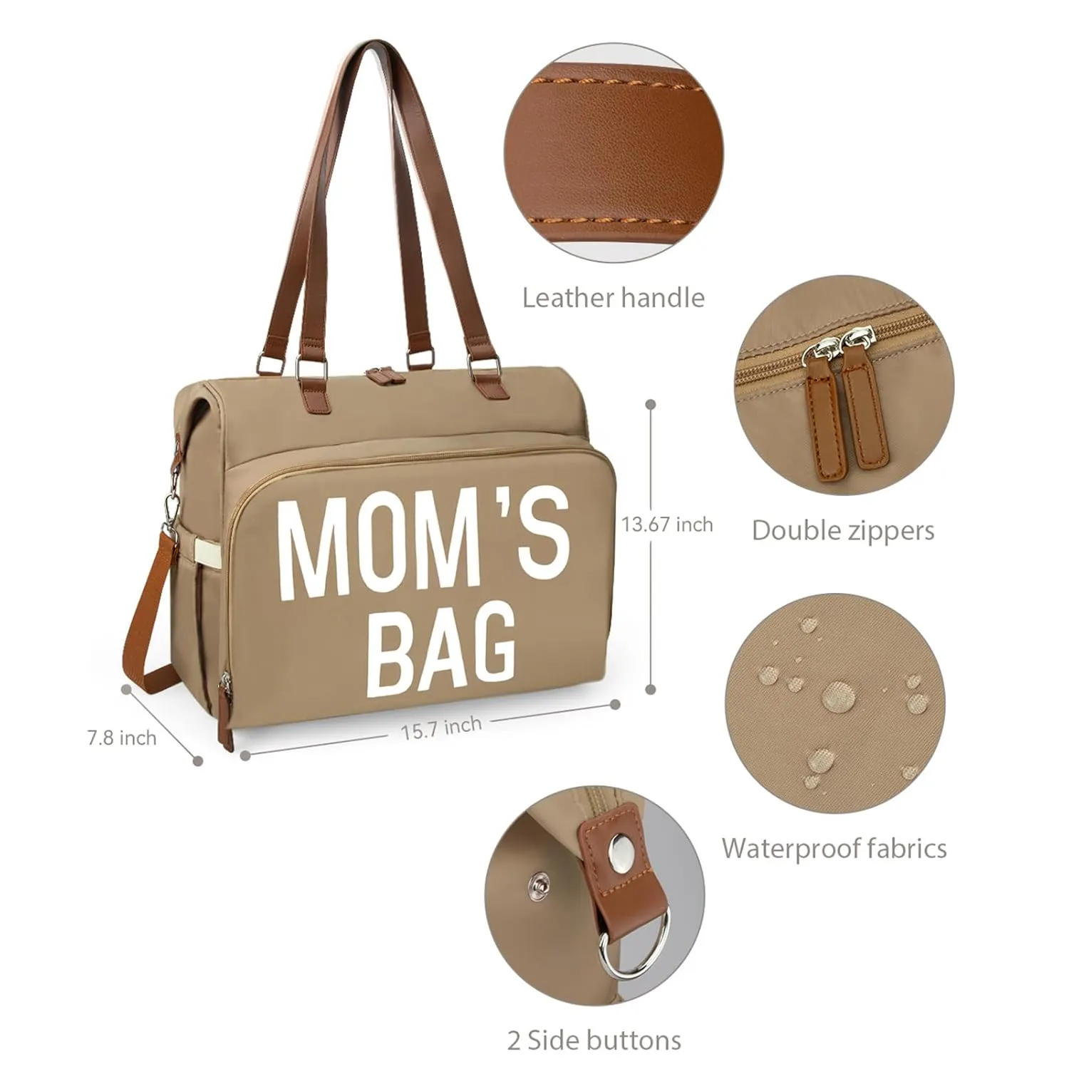 Moms Diaper Bag 4 in 1 Diaper Baby Tote, Hospital Bag for Labor & Delivery, Large Waterproof Baby Travel Weekender with 3 Insulated Pockets, Khaki